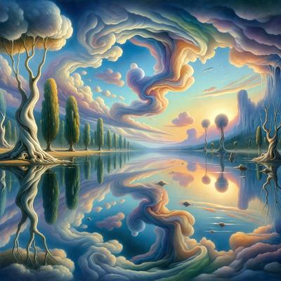 The primary subject of the image is a painting of a forest with a body of water, such as a lake, reflecting the trees and sky. The setting includes a sunset, adding a warm and serene atmosphere to the scene. The visual style is a digital art or illustration, showcasing the artist's creativity and skill in capturing the beauty of nature. The colors and mood are predominantly warm and calming, with the sunset casting a warm glow over the landscape.